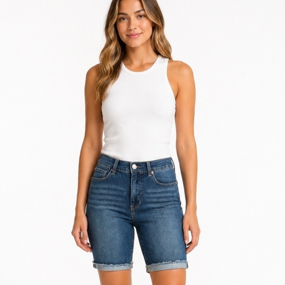 Angels Forever Young Womens 8/29 Bermuda Shorts Everflex Blue Denim Frayed Hem